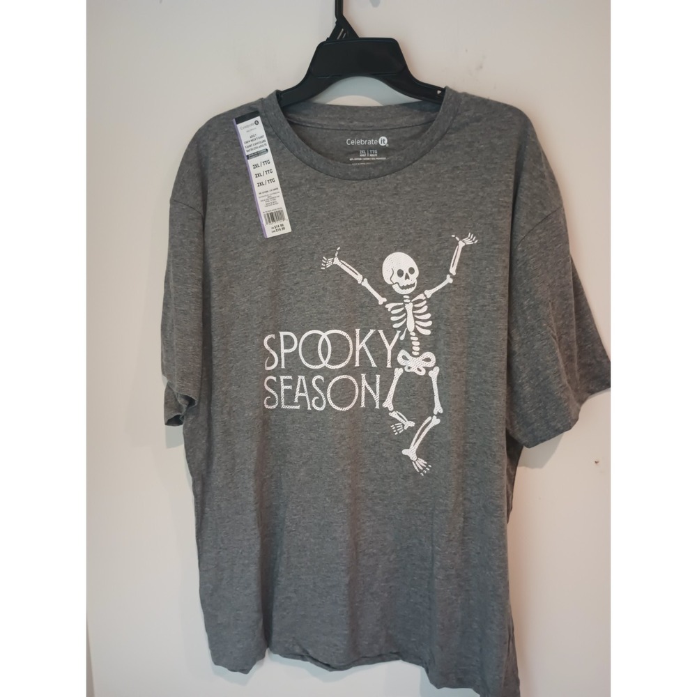 NWT Celebrate It Halloween Shirt Adult 2XL Gray Spooky Season Dancing Skeleton